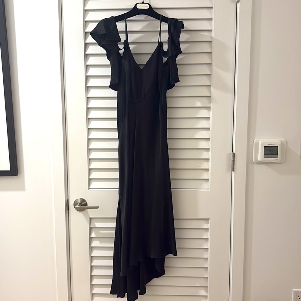 Bardot Black Satin Midi dress with off the shoulder ruffle detail.